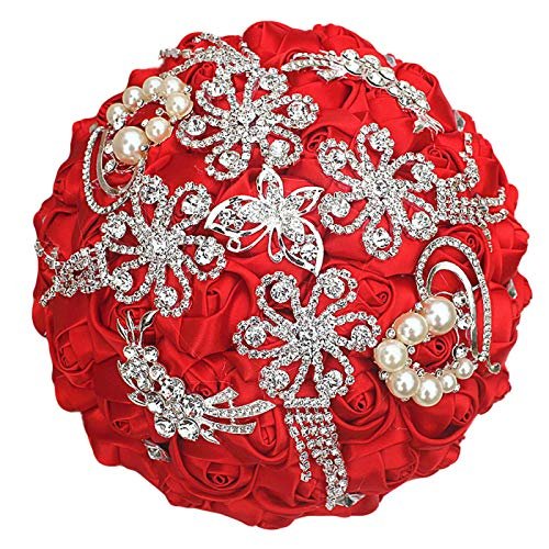 TUAGYMKR Handmade Rhinestone Brooch Satin Bridal Bouquet,Extra Large Crystal Wedding Round Tossing Bouquet,Artificial Flower Bunch with Diamond Pearl Ribbon 9.5"(85#RED)