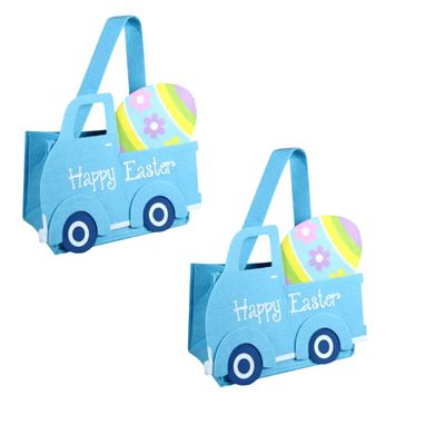 SOL MAR Easter Truck Shaped Felt Baskets with Handles 2Pk- Fun and Unique Easter Basket Alternative, Blue Color, Celebration Party Indoor Outdoor Bonus Miqetsu
