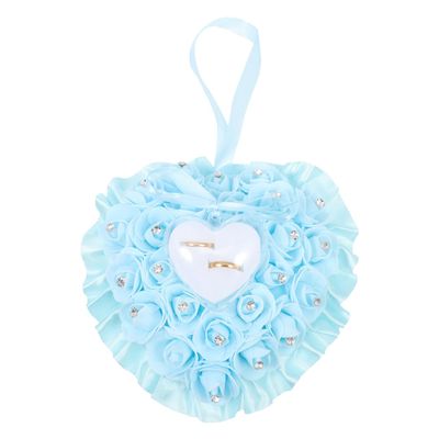 OFFSCH Blue Wedding Ring Pillow 6.3X7.48 Inch Small Baby Blue Ring Bearer Pillow for Ceremony and Proposal Floral Heart Design