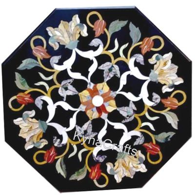 18 x 18 Inches Octagon Shape Black Marble Coffee Table Top Antique Pattern Inlay Work Bed Corner Table for Home Furniture Decor