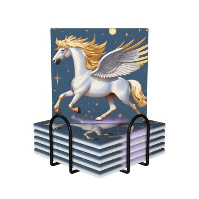 Square 6 Ceramic Coasters Golden Pegasus Pattern : Non-Slip Cork Bottom Fits All Coffee Cups Glasses and Mugs