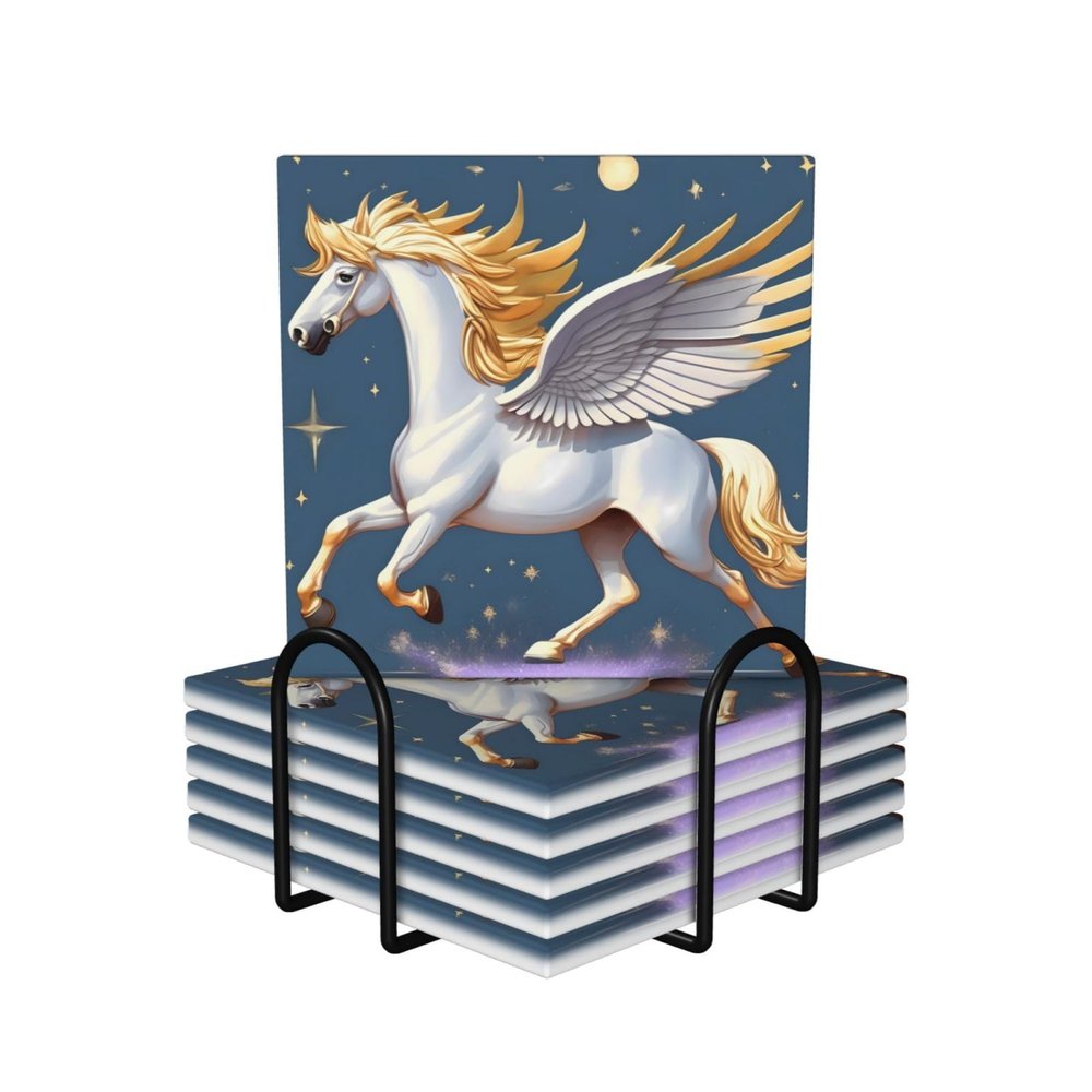 Square 6 Ceramic Coasters Golden Pegasus Pattern : Non-Slip Cork Bottom Fits All Coffee Cups Glasses and Mugs
