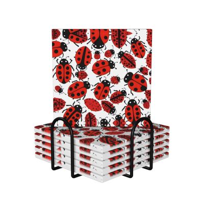 Square 6 Ceramic Coasters Ladybugs Pattern Infinite Speckled Pattern : Non-Slip Cork Bottom Fits All Coffee Cups Glasses and Mugs