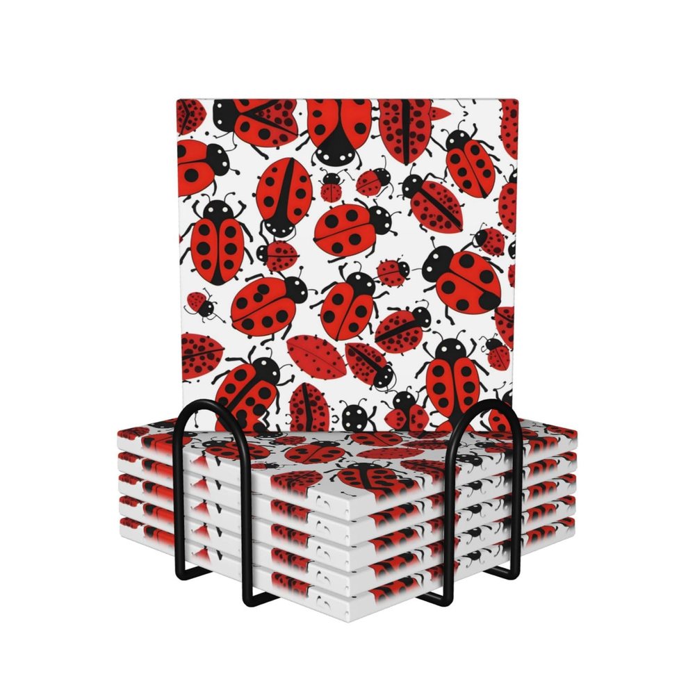 Square 6 Ceramic Coasters Ladybugs Pattern Infinite Speckled Pattern : Non-Slip Cork Bottom Fits All Coffee Cups Glasses and Mugs