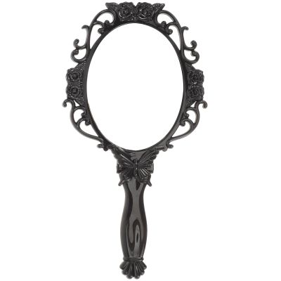 Angoily Hand Mirror, Vintage Foldable Makeup Foldable Handheld Mirror with Handle Retro Embossed Rose Vanity Packets for Salon Barber Hairdressing Handheld Travel, Black Circle Portable