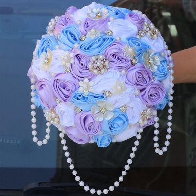 TUAGYMKR Handmade Rhinestone Brooch Satin Bridal Bouquet,8.7" Crystal Wedding Round Tossing Bouquet,Artificial Flower Bunch with Diamond Pearl Ribbon(1C#Blue+Purple+White)