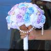 TUAGYMKR Handmade Rhinestone Brooch Satin Bridal Bouquet,8.7" Crystal Wedding Round Tossing Bouquet,Artificial Flower Bunch with Diamond Pearl Ribbon(1C#Blue+Purple+White) view 2