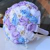 TUAGYMKR Handmade Rhinestone Brooch Satin Bridal Bouquet,8.7" Crystal Wedding Round Tossing Bouquet,Artificial Flower Bunch with Diamond Pearl Ribbon(1C#Blue+Purple+White) view 3