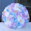 TUAGYMKR Handmade Rhinestone Brooch Satin Bridal Bouquet,8.7" Crystal Wedding Round Tossing Bouquet,Artificial Flower Bunch with Diamond Pearl Ribbon(1C#Blue+Purple+White) view 4