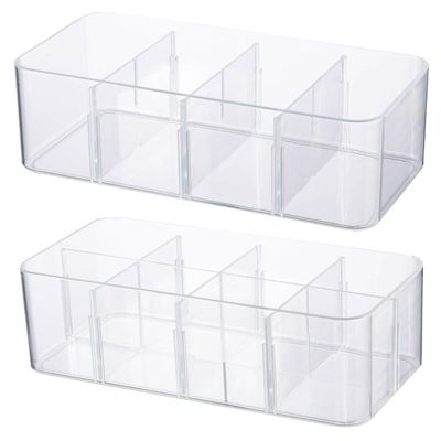 Amosfun Clear Socks Storage Box 2-Pack 8-Cell Organizer with Dividers for Underwear and Small Items Drawer Storage 10.62X5.11X3.22 Inches