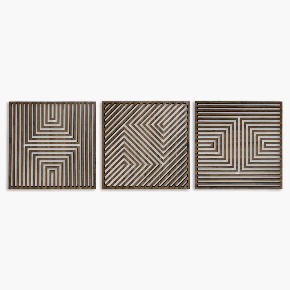 Large Geometric Wood Wall Art Set, 3 Piece Modern Wood Wall Decor Over the Bed, Abstract 3D Wooden Wall Art, Set of 3 Wood Wall Panels