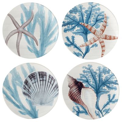 Beyond The Shore 11" Ceramic Dinner Plates  Set of 4 Assorted Coastal Designs with Shells, Starfish & Blue Marine Botanicals  Ocean-Inspired Plates for Main Courses, Seafood & Entertaining