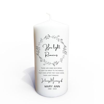 Personalized Funeral Memorial Candle, in Loving Memory White Floral Custom, Celebrations of Life, Tributes and Remembrances, Elegant Delicate Pillar 3"x6" (Noir)