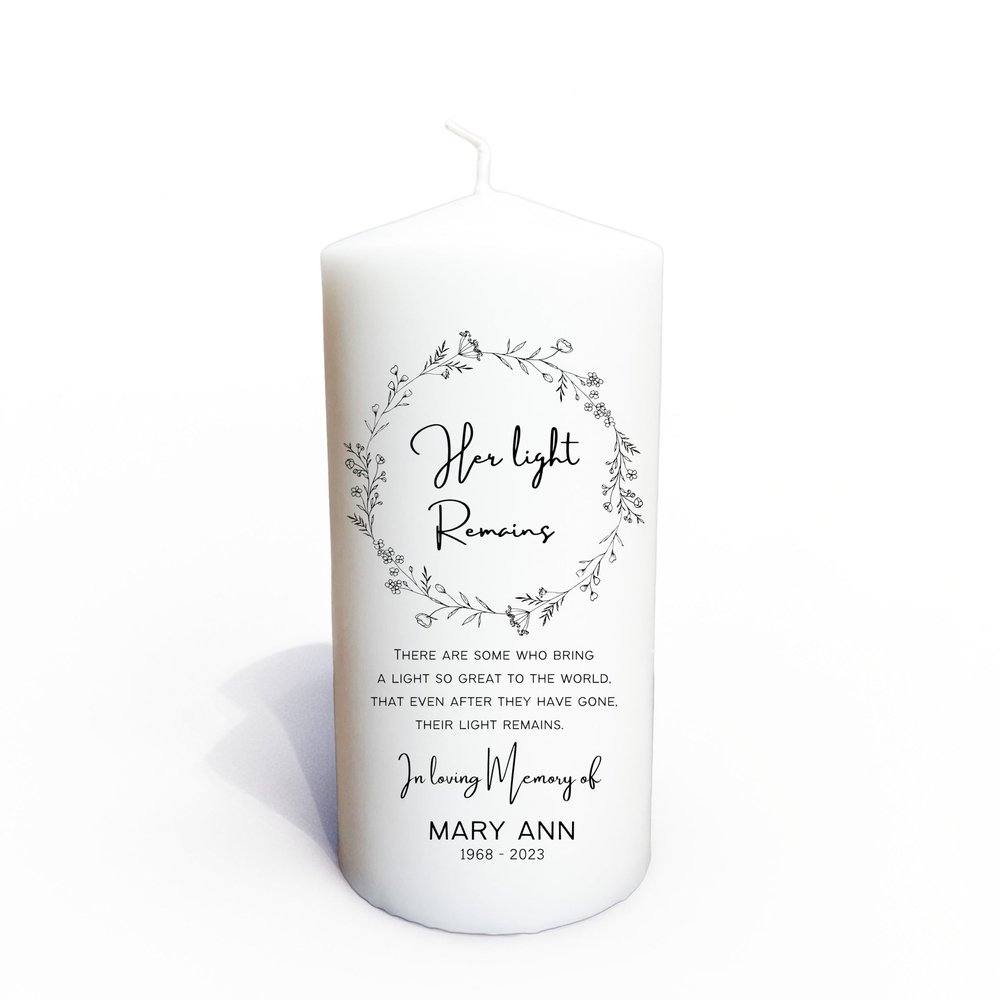 Personalized Funeral Memorial Candle, in Loving Memory White Floral Custom, Celebrations of Life, Tributes and Remembrances, Elegant Delicate Pillar 3"x6" (Noir)