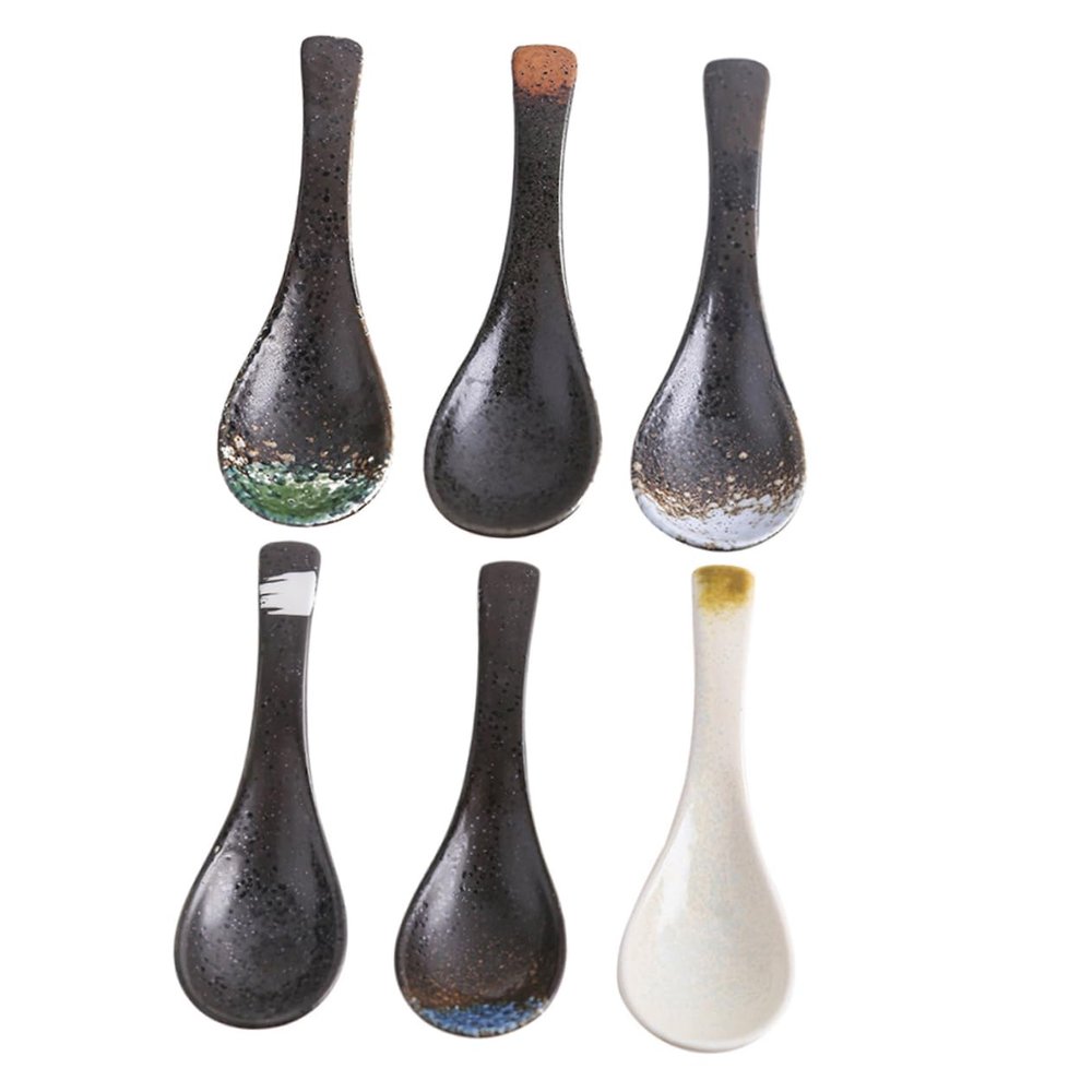 LABRIMP 6pcs Japanese Style Ceramic Soup Spoons Random Color for Soup Porridge and Desserts Smooth Finish Home and Kitchen Use