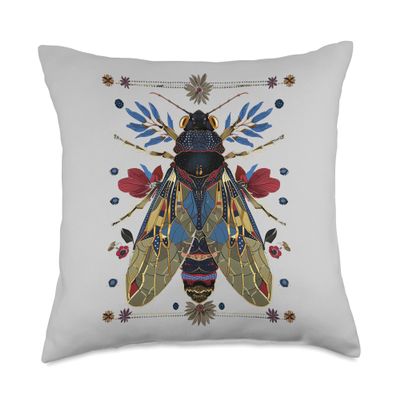 Cicada Flowers Insect Bug Vintage Tattoo Artist Entomology Throw Pillow