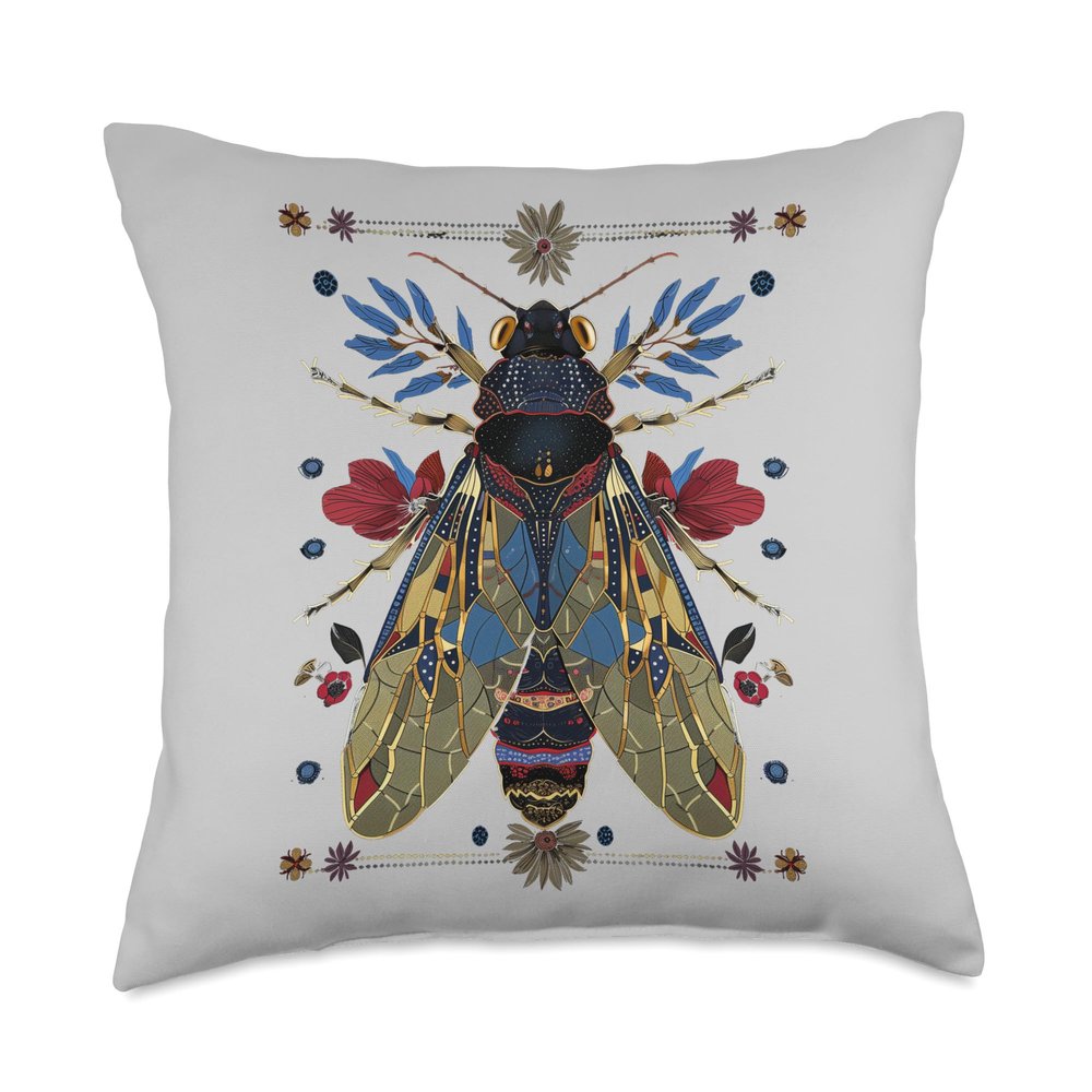 Cicada Flowers Insect Bug Vintage Tattoo Artist Entomology Throw Pillow