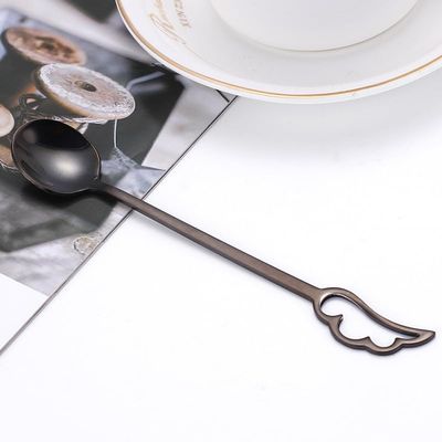 IFAJOOR Flatware Silverware Set, 1/4/6/8 Pieces 304 Stainless Steel Feather Coffee Spoon Creative Cartoon Wings Stirring Spoon Dessert Spoon, Cutlery Set (Color : Black, Size : 6Pcs)