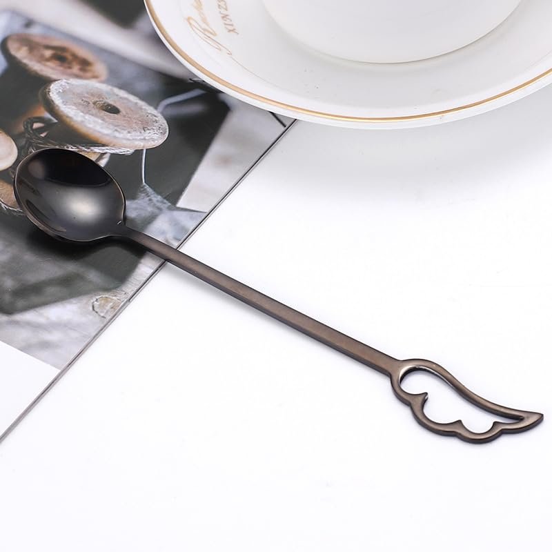 IFAJOOR Flatware Silverware Set, 1/4/6/8 Pieces 304 Stainless Steel Feather Coffee Spoon Creative Cartoon Wings Stirring Spoon Dessert Spoon, Cutlery Set (Color : Black, Size : 6Pcs)