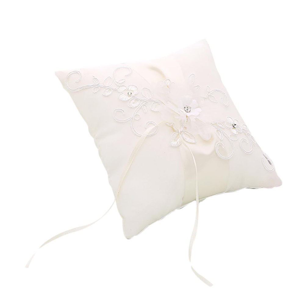 MERRYHAPY 20x20cm Wedding Ceremony Engagement Ring Pillow with Graceful Flowers Ribbons