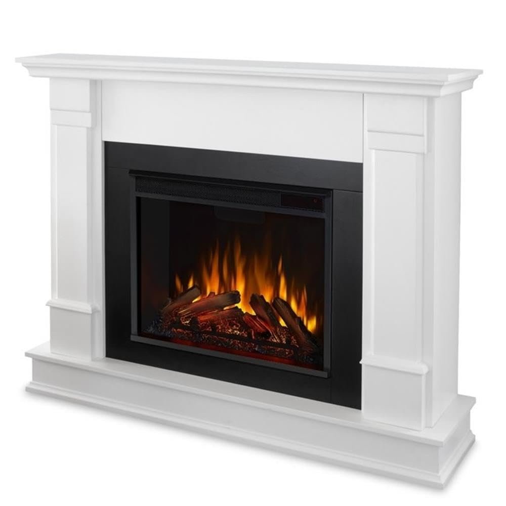 Bowery Hill Contemporary Solid Wood Electric Fireplace, 48 in x 13 in x 41 in, White Finish, Infrared LED Technology, Adjustable Thermostat, Remote Control, Living Room Indoor Heating
