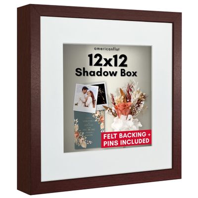 Americanflat 12x12 Shadow Box Frame with Shatter-Resistant Glass - Use as 10x10 Frame with Mat or 12x12 Without Mat - Silhouette Collection - Mahogany with Soft Felt Back