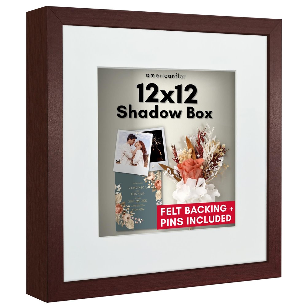 Americanflat 12x12 Shadow Box Frame with Shatter-Resistant Glass - Use as 10x10 Frame with Mat or 12x12 Without Mat - Silhouette Collection - Mahogany with Soft Felt Back