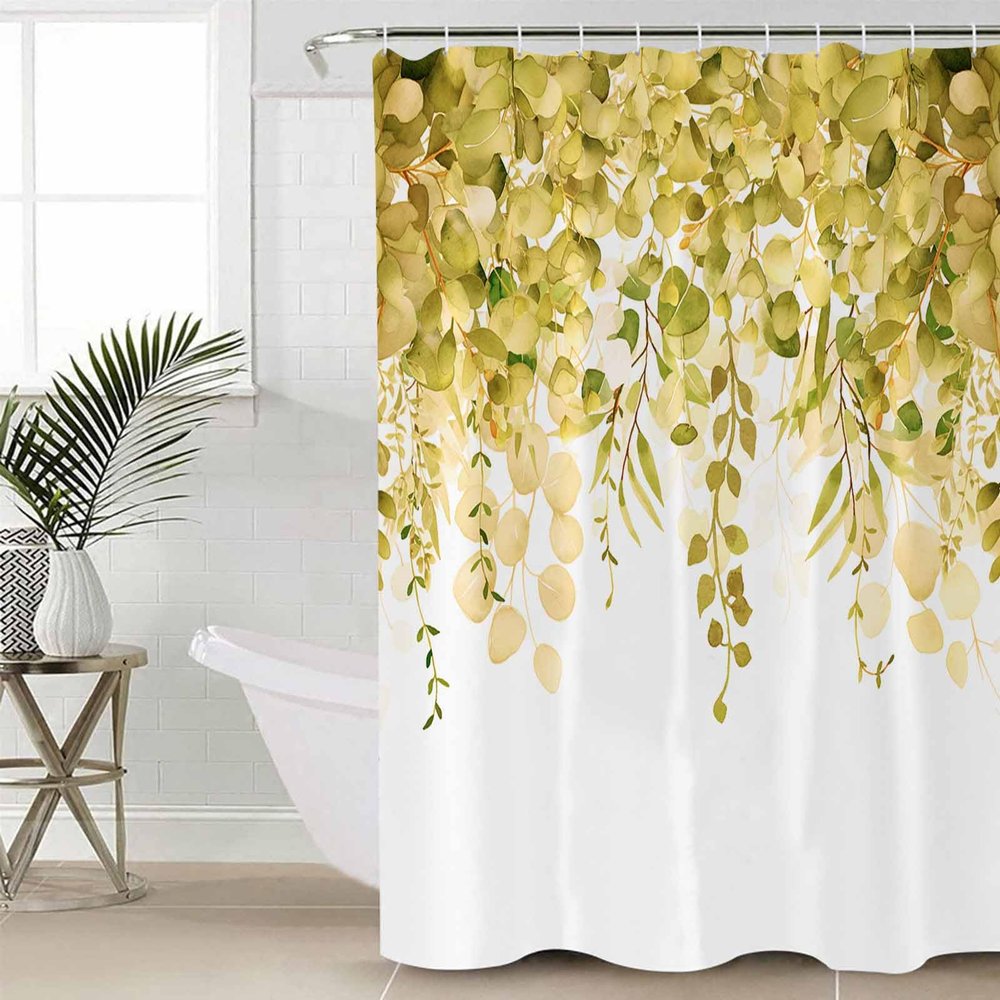 Double Love Watercolor PlantsBathroom Curtain 78 Inch Shower Curtain with Hooks, Waterproof Polyester Bath Curtain Washable Bathtub Curtain Retro Spring Yellow Eucalyptus Leaves 54''x 78''