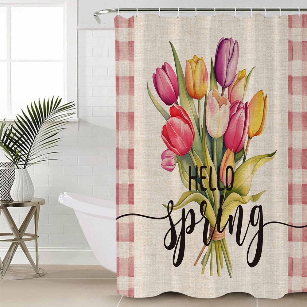 Double Love Pink TulipBathroom Curtain 78 Inch Shower Curtain with Hooks, Waterproof Polyester Bath Curtain Washable Bathtub Curtain Vintage Spring Flower Buffalo Plaid 54''x 78''
