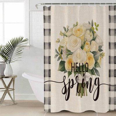 Double Love Romantic FloralBathroom Curtain 78 Inch Shower Curtain with Hooks, Waterproof Polyester Bath Curtain Washable Bathtub Curtain Vintage Botanical Plant Check 54''x 78''
