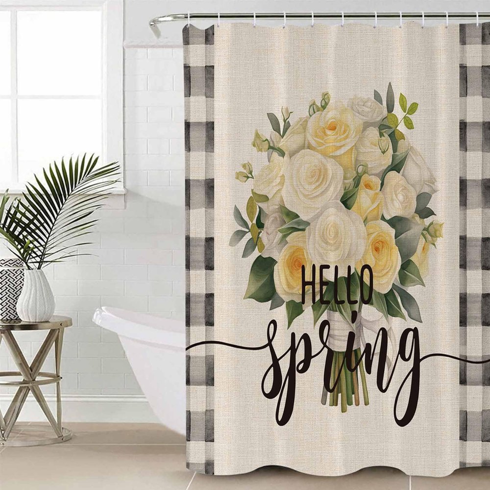 Double Love Romantic FloralBathroom Curtain 78 Inch Shower Curtain with Hooks, Waterproof Polyester Bath Curtain Washable Bathtub Curtain Vintage Botanical Plant Check 54''x 78''