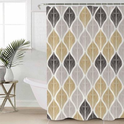 Double Love Geometric LeavesBathroom Curtain 78 Inch Shower Curtain with Hooks, Waterproof Polyester Bath Curtain Washable Bathtub Curtain Black Gold White Modern Stripes 36''x 78''