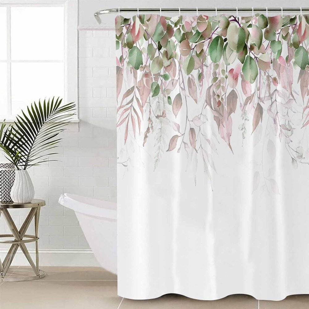 Double Love Modern LeavesBathroom Curtain 84 Inch Shower Curtain with Hooks, Waterproof Polyester Bath Curtain Washable Bathtub Curtain Colored Eucalyptus Aesthetic Plant 72''x 84''