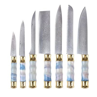 IKXO Knife Set Professional 7 Pcs Damascus Chopper Set 67 Ply with White and Blue ABS Handle,Professional Forged Handmade Ideal for Restaurant Chefs or for Everyday Use at Home
