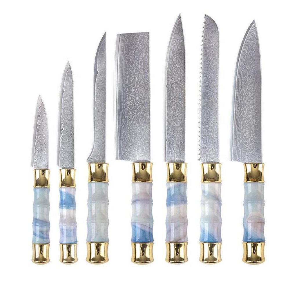 IKXO Knife Set Professional 7 Pcs Damascus Chopper Set 67 Ply with White and Blue ABS Handle,Professional Forged Handmade Ideal for Restaurant Chefs or for Everyday Use at Home