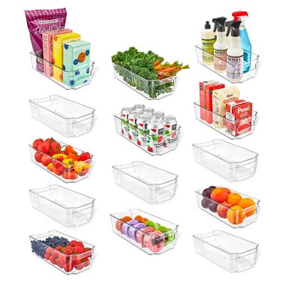 Lifemaster Multi-purpose Refrigerator Bins - 14 pieces Usable and Stackable Design Fridge Bin Organizer with Easy Grip Handles - Clear