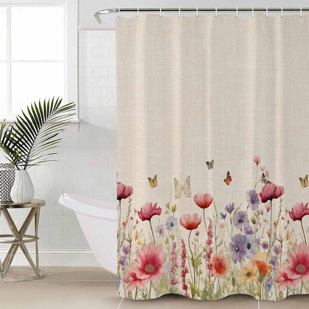 Double Love Floral BotanicalBathroom Curtain 78 Inch Shower Curtain with Hooks, Waterproof Polyester Bath Curtain Washable Bathtub Curtain Farmhouse Wildflower Garden Herb 72''x 78''