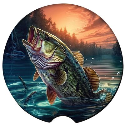 Traci's Fun Creations Bass Fishing Car Coasters, Sandstone, Round, 2.6 Inches, Set of 2, Absorbent, Fisherman Gift