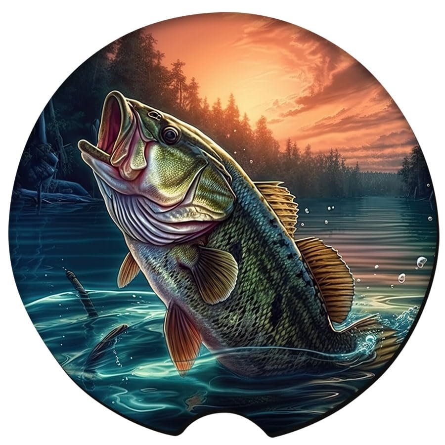 Traci's Fun Creations Bass Fishing Car Coasters, Sandstone, Round, 2.6 Inches, Set of 2, Absorbent, Fisherman Gift