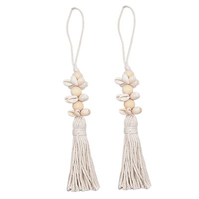 ABOOFAN 2pcs Boho Style Hanging String Wall Hanging Adornment Rustic Decorations Home Decoration Coastal Seaside Decor Spiral Shells Natural Fringe Wood Country Style Beach Bag, 25x1.6x1.6cm