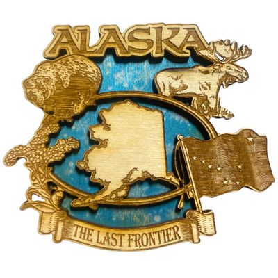 Alaska Wooden Magnet, The Last Frontier Magnetic Accessory, Rustic Fridge Decoration for Collectors, 3 by 2.75 Inches