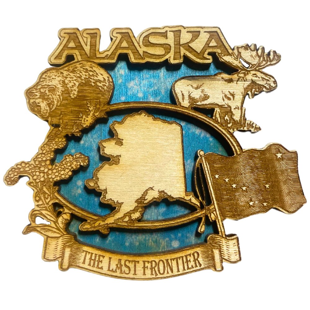 Alaska Wooden Magnet, The Last Frontier Magnetic Accessory, Rustic Fridge Decoration for Collectors, 3 by 2.75 Inches