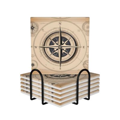Square 6 Ceramic Coasters Compass Navigation Pattern : Non-Slip Cork Bottom Fits All Coffee Cups Glasses and Mugs