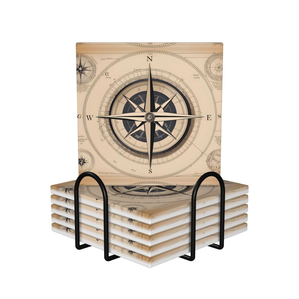 Square 6 Ceramic Coasters Compass Navigation Pattern : Non-Slip Cork Bottom Fits All Coffee Cups Glasses and Mugs