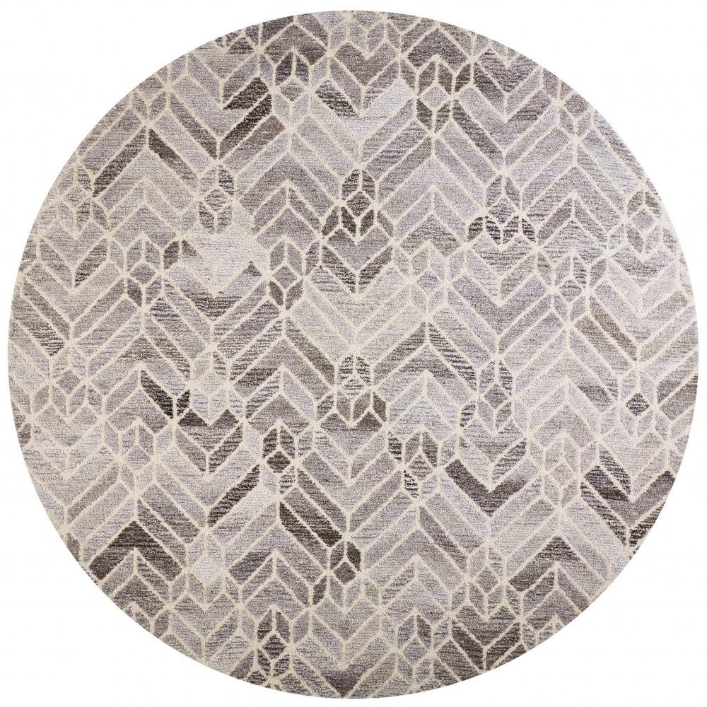 HomeRoots 512027 8 ft. Taupe Gray & Ivory Wool Geometric Hand Tufted Handmade Round Area Rug