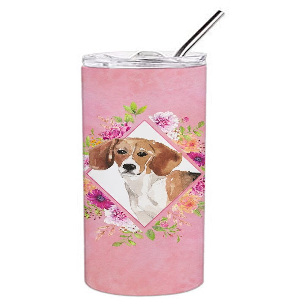 212 Main 20 oz Beagle Pink Flowers Double Walled Stainless Steel Skinny Tumbler