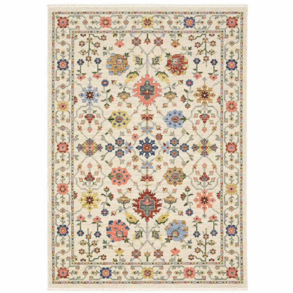 HomeRoots 509287 8 x 11 ft. Ivory Salmon Pink Gold Blues Gray Rust & Green Oriental Power Loom Stain Resistant Rectangle Area Rug with Fringe