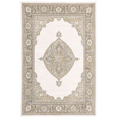 HomeRoots 510148 8 x 10 ft. Beige Ivory Tan Gold Gray & Green Oriental Power Loom Stain Resistant Rectangle Area Rug