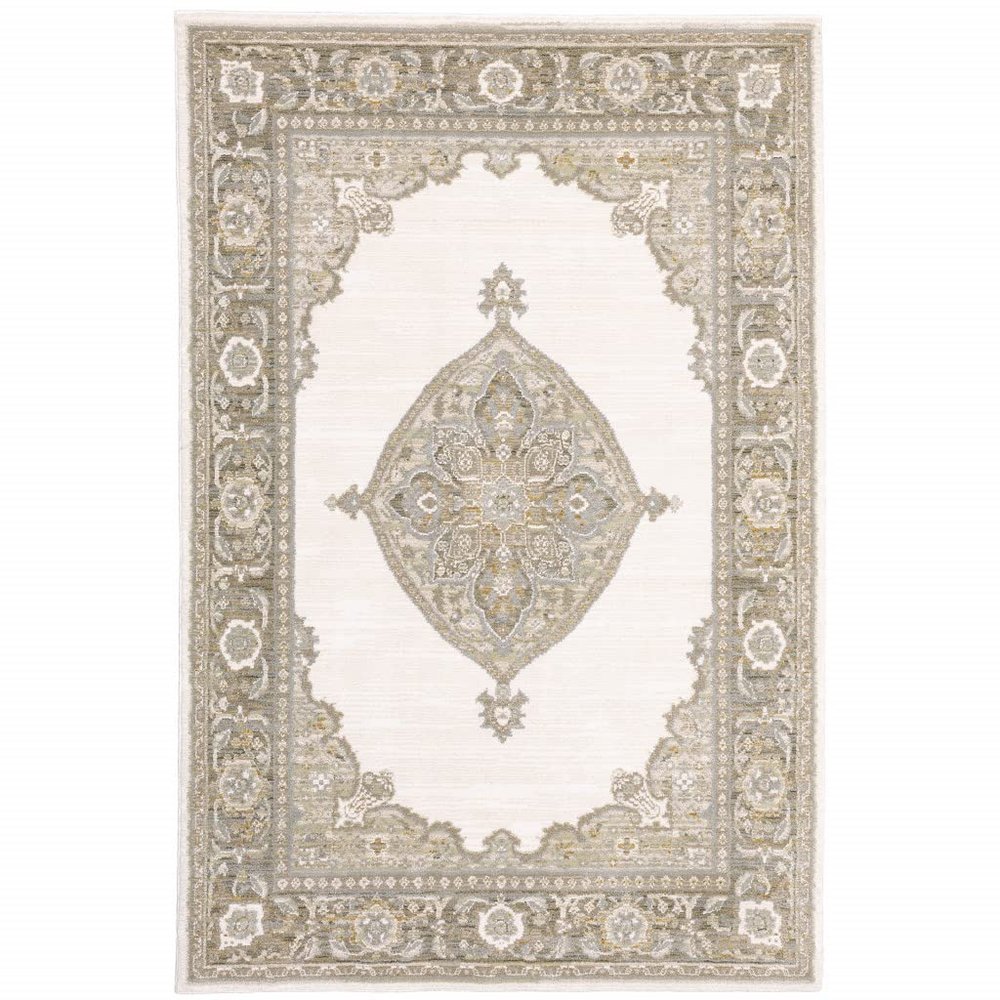 HomeRoots 510148 8 x 10 ft. Beige Ivory Tan Gold Gray & Green Oriental Power Loom Stain Resistant Rectangle Area Rug