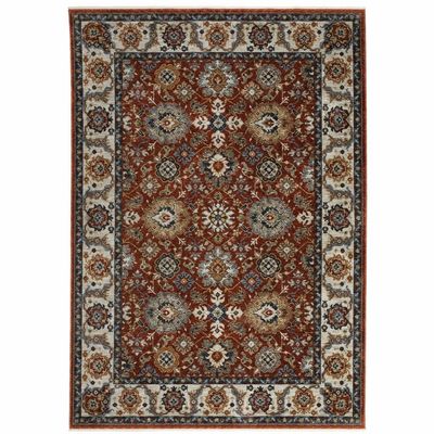 HomeRoots 508023 10 x 13 ft. Red Blue Ivory Gold & Navy Oriental Power Loom Stain Resistant Rectangle Area Rug with Fringe